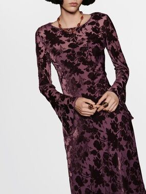 Mango Plum Floral Velvet Long-Sleeve Maxi Dress size 4